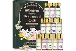 MIGCAPUT Kwiatowych Zestaw Olejków Eterycznych 12 x 5ML, 100% Naturalne Olejki Aromaterapeutyczne do Dyfuzory, SPA, Masażu - Lawenda, Ylang Ylang, Jaśmin, Rumianek, Róża, Biała Herbata, Gardenia