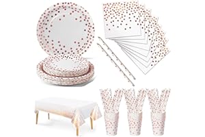 Nkaiso Party Tableware 126 Piece Rose Gold Paper Tableware Set includes Birthday Paper Plates Napkins Cups Straws for Wedding Shower Engagement Wedding Birthday-25 Guests