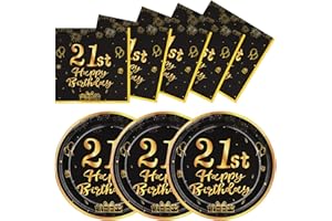 LAWALEISHE 21st Happy Birthday Paper Plates and Napkins, Black Gold 9" Disposable Strong Plates for Parties, 48pcs Party Tableware Set 24 Guests, Birthday Supplies for Table Decorations