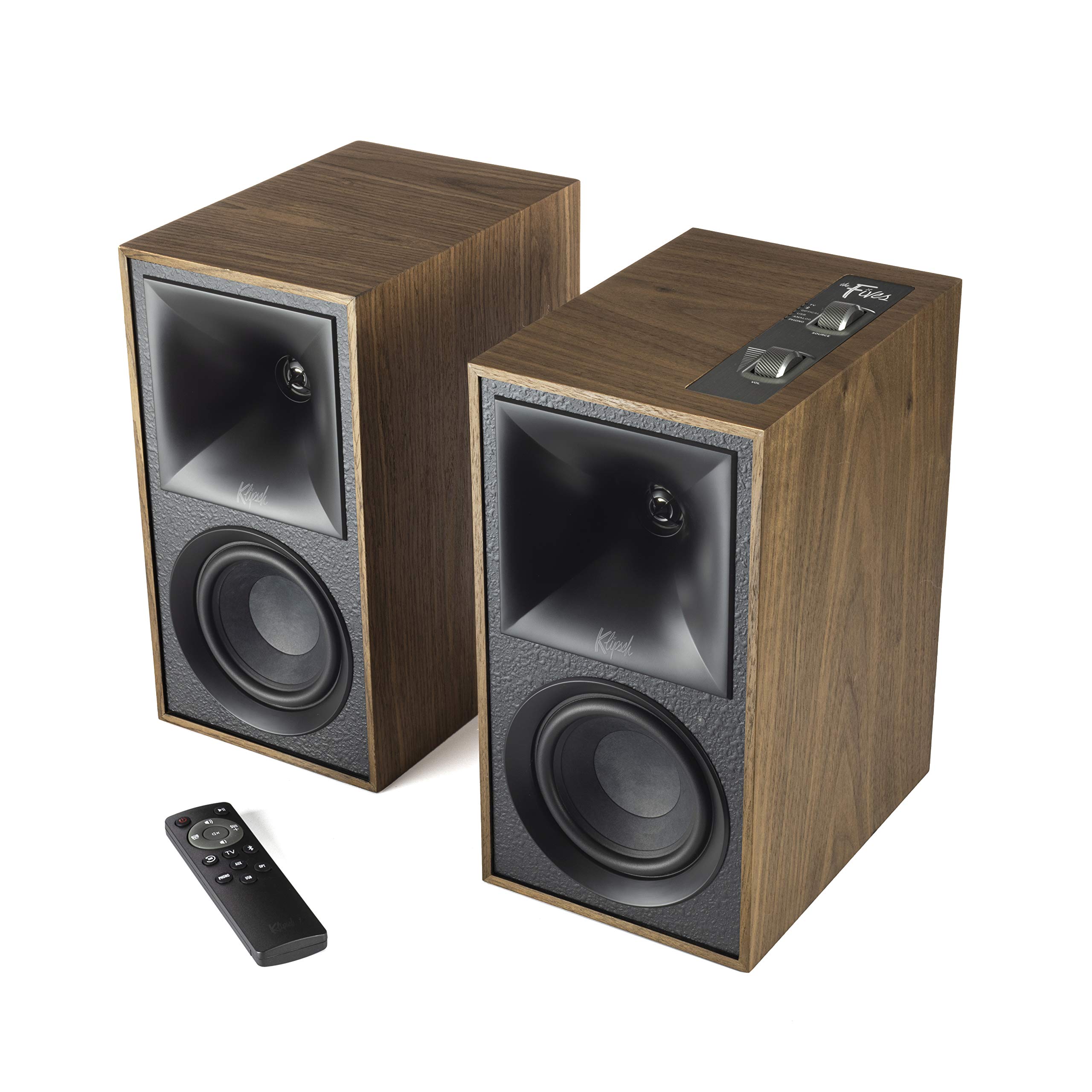 Klipsch The Fives Powered Bookshelf Speakers Review: Walnut Finish, HDMI-ARC, Horn-Loaded Tech, Dynamic Bass EQ, 192kHz/24-bit Audio