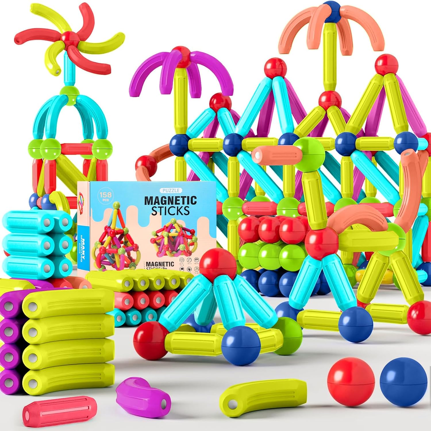 JUQG 158Pcs Juguetes de Bloques de Construcción Magnéticos, 3D Juguetes Educativos de Bloques de Construcción, Juguetes de Construcción Magnéticos para Niños y Niñas de 3 4 5 6 7 8 años (158Pcs)