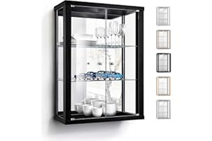 ‎K-MÖBEL K-Möbel Wandvitrine (80x60x25cm) - Made in Germany - Glasvitrine hängend mit 2 höhenverstellbaren Glasböden aus ESG & Spiegel in Schwarz - Schrank mit Glastüren - Hängevitrine Glas