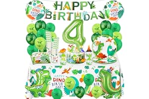 FOESIHEP Dino Luftballons Geburtstag Deko 4 Jahre- Dinosaurier Geburtstag Geschirr Set 4 Jahr Dino Partygeschirr Junge Geburtstagsdeko Party Pappteller Kindergeburtstag Tischdecke Teller Servietten Becher Deko