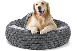 Heymamba Large Dog Cave Bed, Anti Anxiety Dog Donut Bed, Thickened Round Dog Bed for Large Dogs, Calming Dog Sofa Beds Support Neck and Head, Extra Large Pet Bed for Golden Retriever, 79x79x20cm