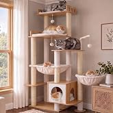 Heybly Wooden Cat Scratching Tree 179 cm High with Large Platform, Sisal Scratching Posts, Cat House and Hammock, Sturdy Cons