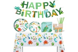 Vaisselle Anniversaire Dinosaure,66 Pcs Assiette Dinosaure Anniversaire avec Bannière, Dinosaure Decoration Anniversaire Vaisselle, Serviettes Papier Bannière Nappe Fournitures de Fête pour Dinosaure