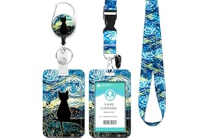 DUOUPA Ausweishülle mit Band, Ausziehbarer Schlüsselanhänger Badge Holder, Schlüsselband mit Karabiner für Frauen, Lehrer, Krankenschwester, Doktor, Student(Schwarze Katze)