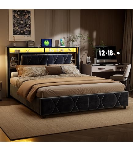 KOMHTOM Lit Double Rembourré avec 2 Tables de Nuit et 4 Tiroirs, Cadre de lit Plateform avec Sommier à Lattes en Bois, Ensemble Lit Chambre à Coucher Complet(sans Matelas) (Beige-A, 160×200cm