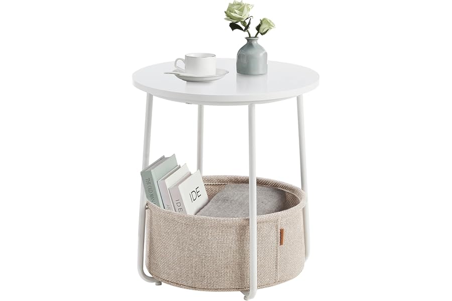 VASAGLE LET223W10 Small Round Coffee Table, Side Table with Fabric Basket, Storage for Living Room, Bedroom, Modern Style, Matte White and Camel Brown