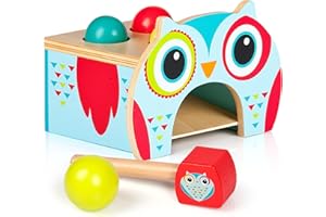 Leomark Drewniana zabawka - Przybijanka Sowa z Młotkiem i Piłeczkami - Cała z Drewna Zabawka Kreatywna Drewniane Pudełko do Wbijania Piłeczek