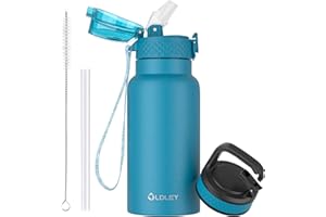 Oldley Botella Agua Aislada Acero Inoxidable para Niños 500ml/17oz con Pajita Metal Doble Pared al Vacío a Prueba Fugas Reutilizable Pequeña Botella con 2 Tapas Diferentes Bebidas Frías Calientes