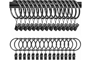 Qualsen 30 Pack Black Curtain Rings with Clips 32mm Metal Curtain Rings for Drapes, Sheers, and Lightweight Curtains, Strong Curtain Hooks Metal for Home,Smooth Gliding Fits Curtain Rods