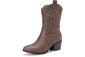 DREAM PAIRS cowboystövlar för kvinnor, cowgirlstövlar i mitten av vaden med broderi, rund tå, västerländsk tjocka lågklackade