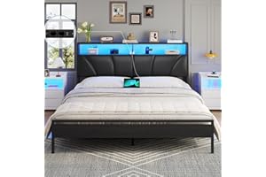 Brinlawb Lit 180x200 avec Sommier Métal, Cadre de lit 180x200 cm avec Lumières LED et Multiprise (2 Prises AC, 2 Ports USB) Lit 2 Personnes avec Tête de Lit Rembourrée et Rangement, Moderne, Noir PU