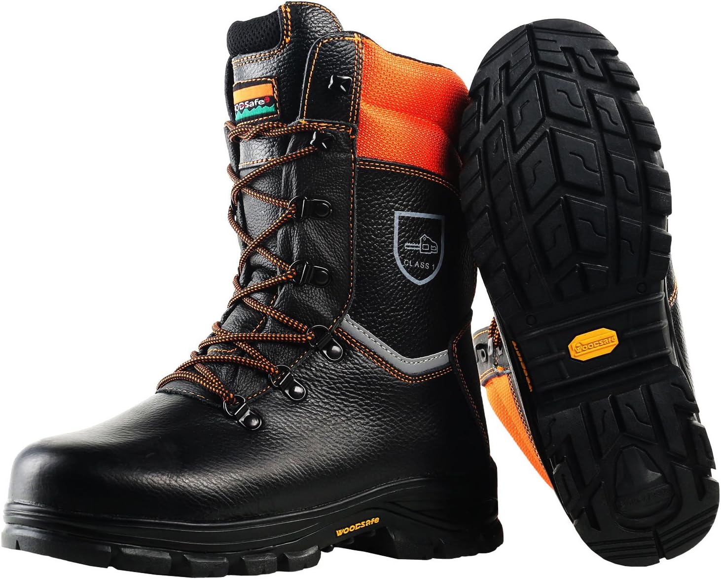 WOODSafe® Herren Schnittschutzstiefel Klasse 1 S3 schwarz/orange - Forststiefel kwf-geprüft, Stahlkappe, durchtrittsicher, Leder, wasserabweisend, antishock