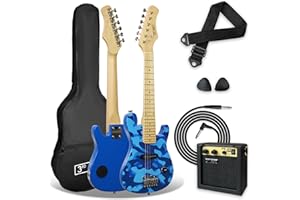 3rd Avenue E-Gitarrenset für Kinder in 1/4-Größe, Junior-Gitarre für Anfänger – mit 6 Monate KOSTENLOSEM Unterricht, tragbarem Verstärker mit 5 W, Kabel, Tasche, Plektren und Gurt – in Camouflage-Blau