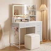 HOMCOM Makeup Vanity with LED Mirror with Charging Station White | Dressing Table, 3 Light Colours, 4 Drawers, 5 Open Shelves
