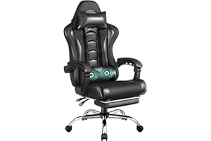 Yaheetech Gaming Chair for Adults, Ergonomic Video Game Chair with Massage Lumbar Support and Footrest Swivel, Height Adjustable Reclining Computer Racing Gamer Chair with Headrest - Full Black