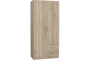 Forte Armario Joakim 90 200, pequeño, Puertas batientes, Moderno, 2 cajones, estantes, Barra, Roble Sonoma, 91x197x54 cm