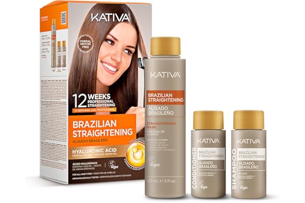 KATIVA Kit lissage brésilien - Traitement lissé professionnel à la maison - Jusqu'à 12 semaines - Lissage kératine - Kératine végétale - Sans formol - Facile à appliquer