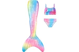DNFUN Coda di Sirena con Bikini per Bambina,3pz, No Pinna,Costumi da Bagno Sirena