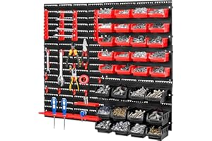CROWNSHOP 32 PCS Wall Mounted Storage Bins Kit 64 * 41cm Garage Boxes Plastic Rack Parts Organiser Utility Kit With Stackable Boxes for Garage Workshop (70Pcs Red+Black)