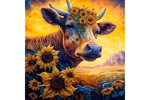 DOMROM Peinture Diamant Adulte, Vache Diamant Painting Complet, Fleur 5D Enfants Broderie Diamond Painting Kit Strass Point de Croix Cristal Painting pour Décoration Murale 30x30cm