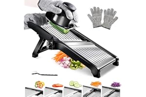 Masthome Mandolina de acero inoxidable profesional, mandolina de cocina multifunción, grosor de trazo ajustable, con protector de mano y guantes de seguridad