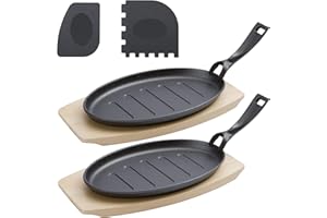 valuents Patelnie do serwowania z żeliwa, ekstra duże, 27 cm, z drewnianymi podstawkami FSC 32 cm, zestaw składający się z 2 patelni żeliwnych + plus: 2 skrobaki