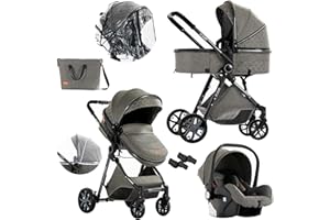 Nine point nine Kinderwagen 3 in 1, Kinderwagen Set mit Umkehrbarem Doppelschiebemodus, Kombikinderwagen 3 in 1 mit Großer Bequemer Babywanne, Kinderwagen Rahmen Aluminiumlegierung (V9 Deep Grey)