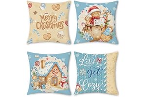 Bonhause Świąteczne piernikowe poszewki na poduszki, 45 x 45 cm, piekarnia, dom, płatki śniegu, niebieskie, poliester, len, dekoracyjne, zestaw 4 szt