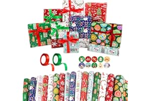 CADOAL 16 Sheets Christmas Gifts Wrapping Papers Set With Ribbon and Stickers, Thick Recyclable Xmas Gift Wrap Paper for Kids Children Adults Present Arts Crafts Decorations, Large Size 50X70 cm