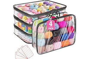 IPALAMILA Clear Yarn Storage Bag, 4 PCS Portable Yarn Storage Organiser Set, Dust-Proof Wool,Toys,Clothes,Blanket Storage Bag with 4 Lables, Knitting Organizers with Zippers & Handle, Clear Bag for Saving Space