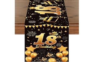 DOMGOGE 18th Birthday Table Runner Black Gold Happy 18th Birthday Table Runner for 18 Years Old Boys Men Women Celebration Birthday Anniversary Party Non-Slip Dining Table Linen Cloth Decorations, 180x35cm
