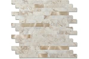 Yipscazo 10 Sheet Peel and Stick Stone Metal Tile Backsplash, Stick on Tiles for Backsplash Kitchen, Bathroom, Laundry Room, Camper, Fireplace (12'' X 12'', Ecru)