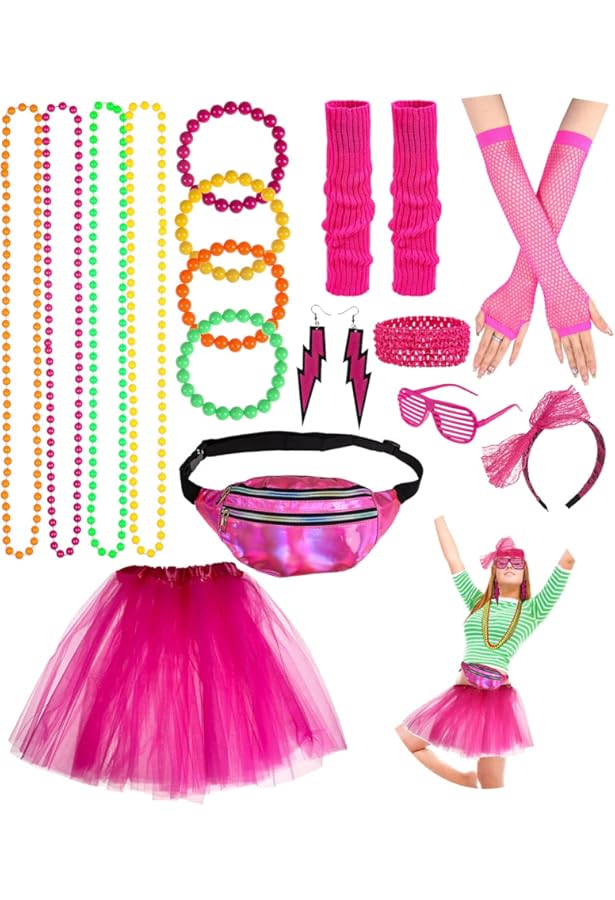 Firecos 80s Kostuums voor kinderen Cosplay Thema Pak Fancy Dress 80s Outfit Jurk Accessoires Set met Korte Mouw Tutu Rok voor Feestkleding voor Meisjes (140CM