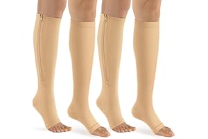 bropite Lot de 2 paires de chaussettes de compression à fermeture éclair pour homme et femme - Hauteur du mollet - 15-20 mmHg - Bout ouvert - Pour la marche, la course à pied