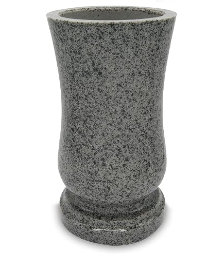 Classic grave vase made of real black granite with plastic insert, height 20 cm, diameter 10 cm, weatherproof and frost-resistant grave decoration Home & Kitchen