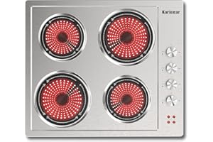 Stainless Steel Ceramic Hob，Karinear 4 Zone Knob Ceramic Electric Hob 60cm, 1000W+1600W for ALL Cookware