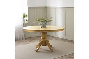 Furniturebox UK 4 to 6 Seat Solid Wood Round Extending Table - Padstow Oak Effect Pedestal Extendable Dining Table - Traditional Classic Rustic Farmhouse Dining Furniture - Solid Rubberwood