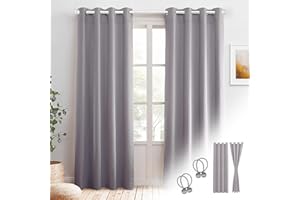 Cozyor 2 x Opaque Curtains + 2 x Tie Backs with Magnet, Thermal Curtain Against Cold, 100% Blackout, Light Grey Moonlight, Curtain with Eyelets for Bedroom, Living Room, Children's Room, 240 x 135 cm