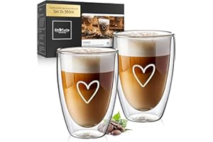ElbFuchs® Latte Macchiato Gläser doppelwandig [2x 350ml] GESCHENKIDEE mit HERZ | Kristallklare Thermogläser doppelwandig | Ideal als Cappuccino Gläser | Kaffeegläser | Teegläser