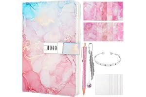 Candcamp Secret Diary with Lock for Girls,Pink A5 UV Leather Journal with Lock Kids Password Journal Notebook Kit with Bracelet Pen Bookmark Washi Paper for Back to School Birthday Festival Present