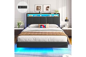 Brinlawb Lit 140 x 190 avec Sommier, Cadre de lit 140 x 190cm avec Éclairage LED et 2 Prises CA& 2 Ports USB, Tête de lit Rembourrée avec Rangement, Structure Stable, Effet Flottant, Tissu en Lin Gris