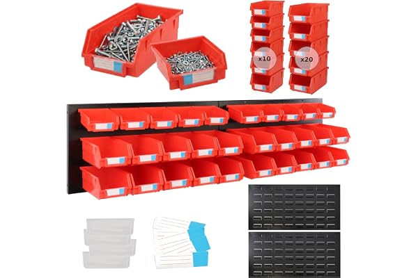 botle Verktygsvägg av metall 119 x 30 cm, förvaringshyllor metallväggpaneler, verkstadsvägg, robust väggmontering med 30 stapelbara röda behållare, hängande hylla