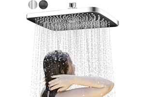 BALLADHOME Alcachofa de ducha de efecto lluvia, cuadrada, 360°, ajustable, cabezal de ducha empotrable, cascada, con boquillas antical (cromo, 28 cm x 18,5 cm) F