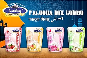 LUCKY MASALE Lucky Falooda Mix Combo (paquet de 4, 200 g chacun) Saveurs : Pista, Mangue, Rose, Fraise