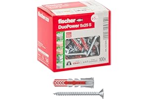 Fischer 100x Tasselli con Vite DuoPower 5 x 25 mm, per Muro pieno, Mattone Forato, Cartongesso, 537645