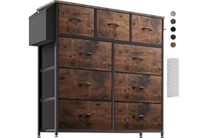 PURFINO Cassettiera in tessuto – Mobile portaoggetti in tela, 9 grandi cassetti, etichette, tasca laterale e gancio, per soggiorno, corridoio, camera da letto