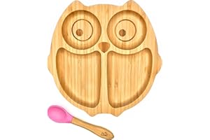 KLEINER FUCHS Assiette Bebe Ventouse Antidérapante avec Cuillère pour Bébé Assortie - Set de Vaisselle en Bambou de Haute Qualité avec Boîte Cadeau Élégante - Assiette Bebe Bambou (Hibou)